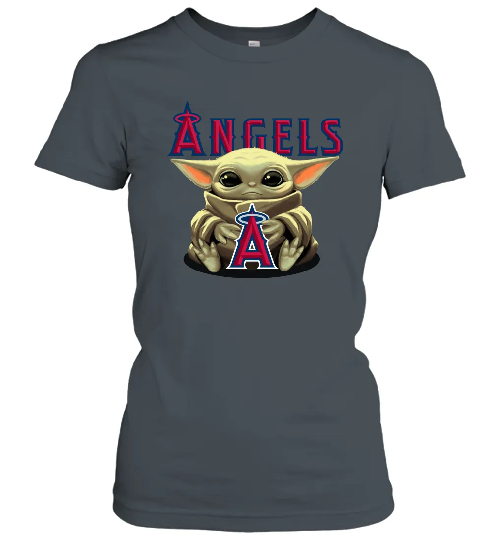 Baby Yoda Hugs Loves The Los Angeles Angels Baseball Womens T-Shirt