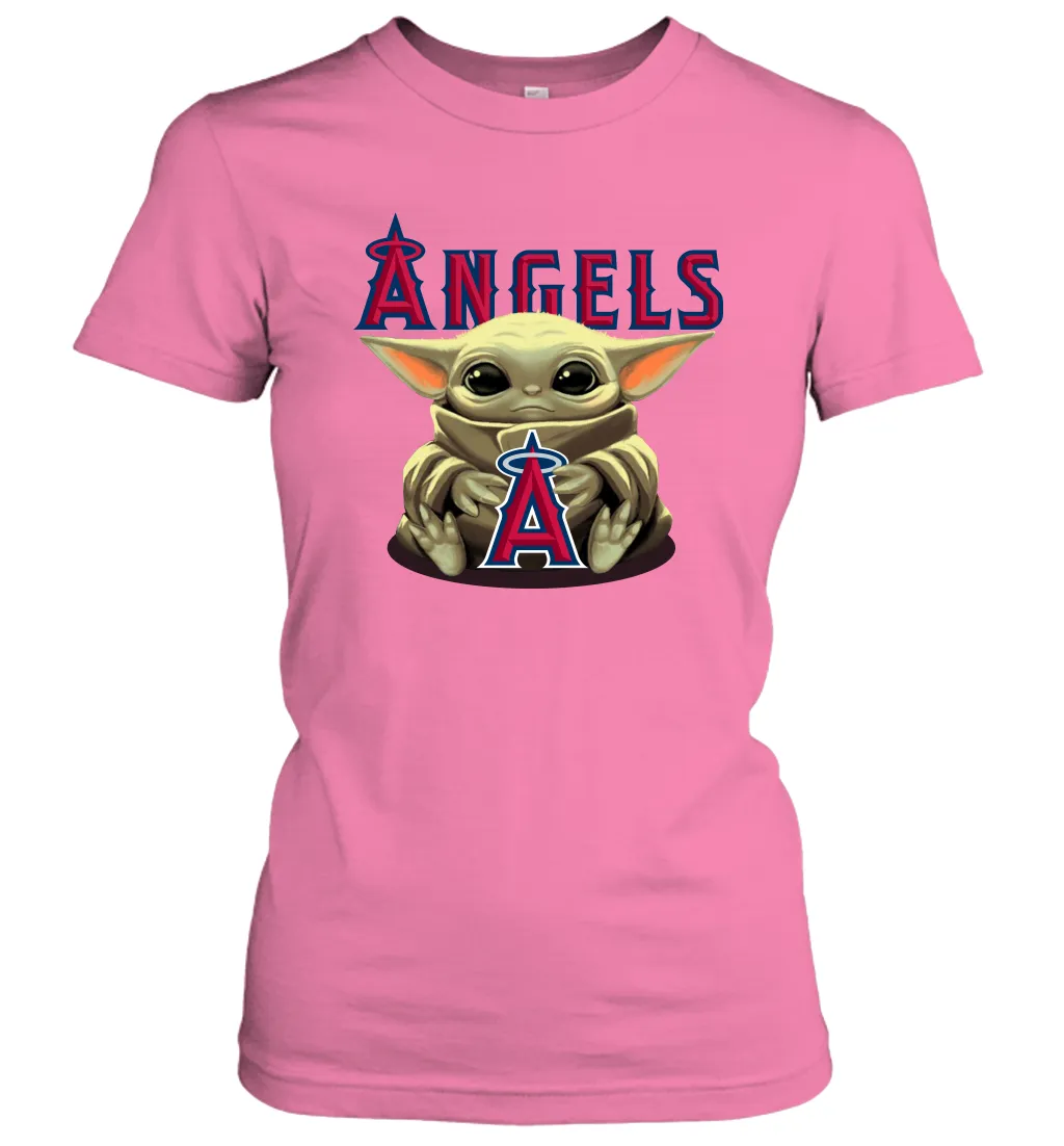 Baby Yoda Hugs Loves The Los Angeles Angels Baseball Womens T-Shirt