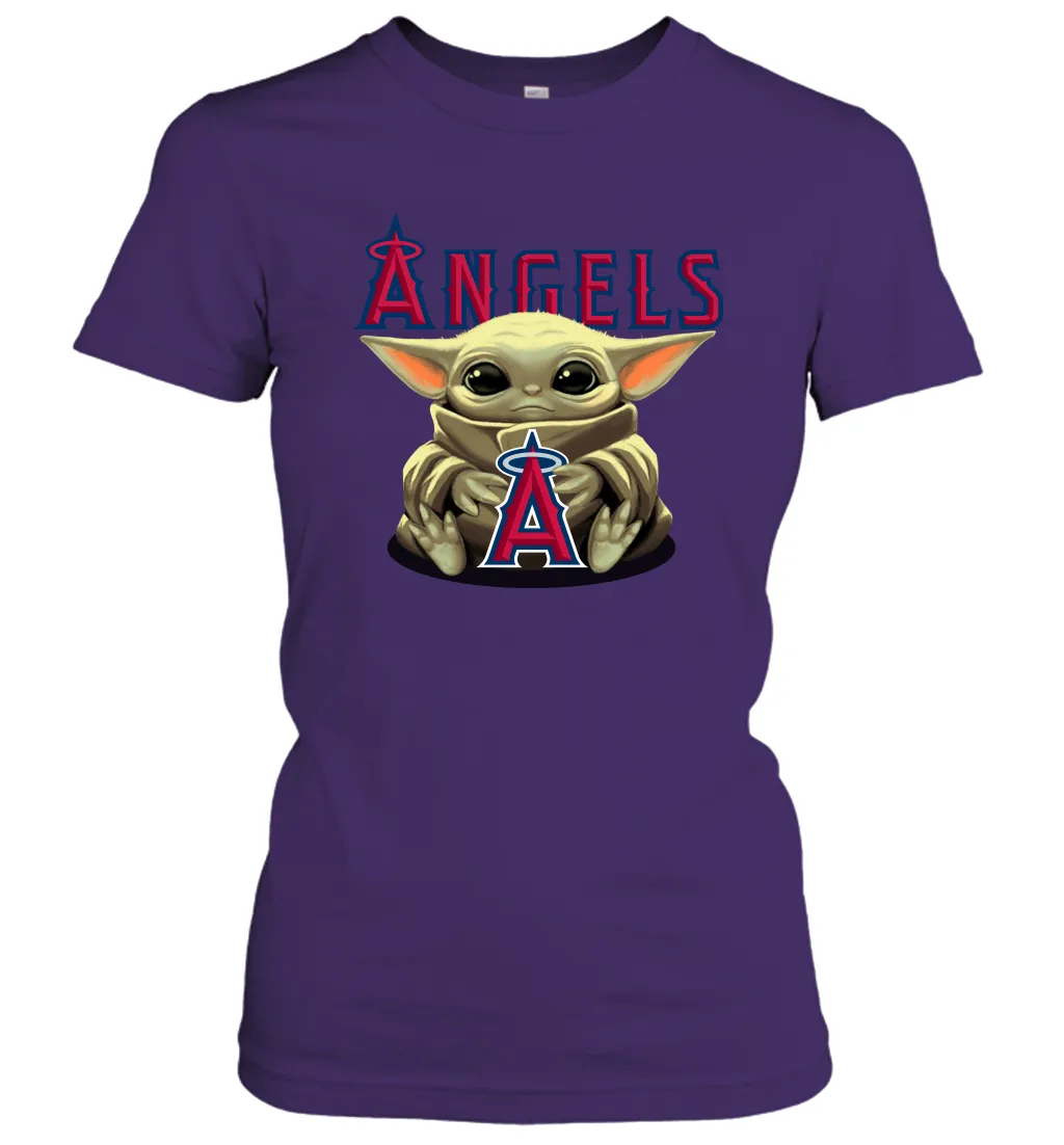 Baby Yoda Hugs Loves The Los Angeles Angels Baseball Womens T-Shirt