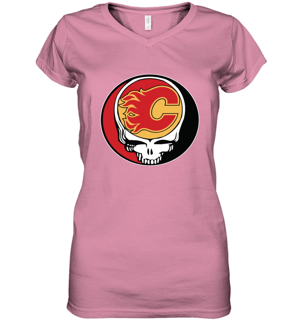 Calgary Flames Grateful Dead Steal Your Face Hockey NHL Womens V-Neck T-Shirt