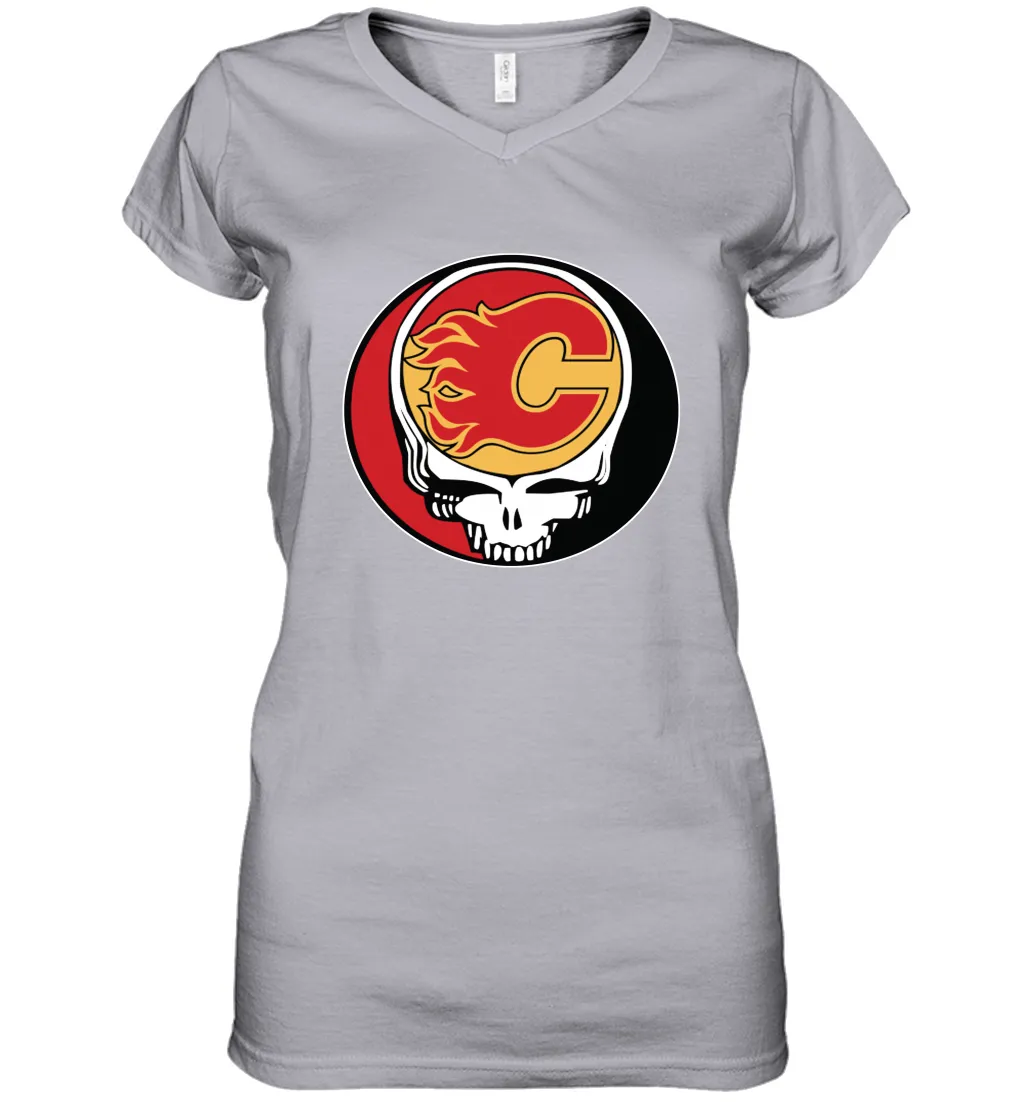 Calgary Flames Grateful Dead Steal Your Face Hockey NHL Womens V-Neck T-Shirt
