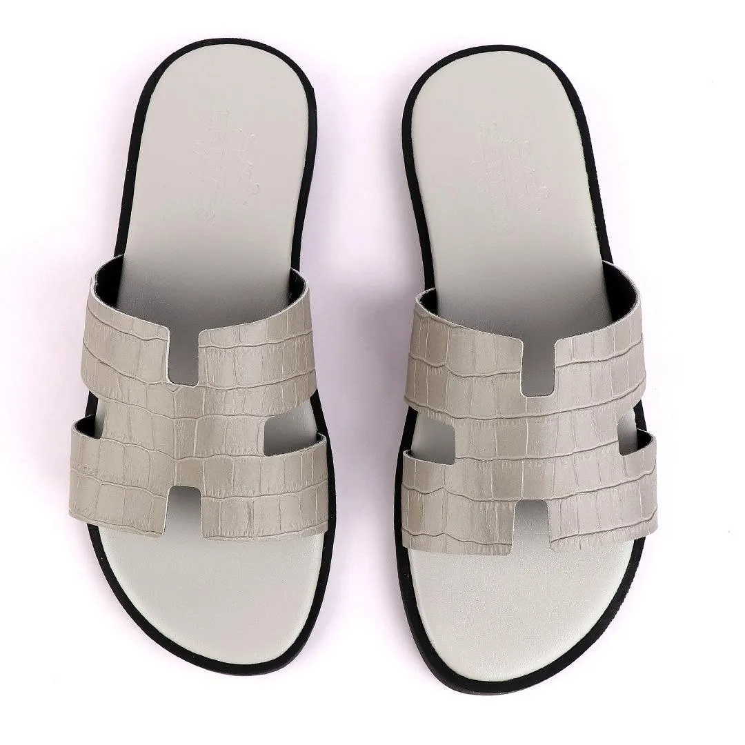 Hermes Paris  Grey Croc Patterned Leather Slippers.