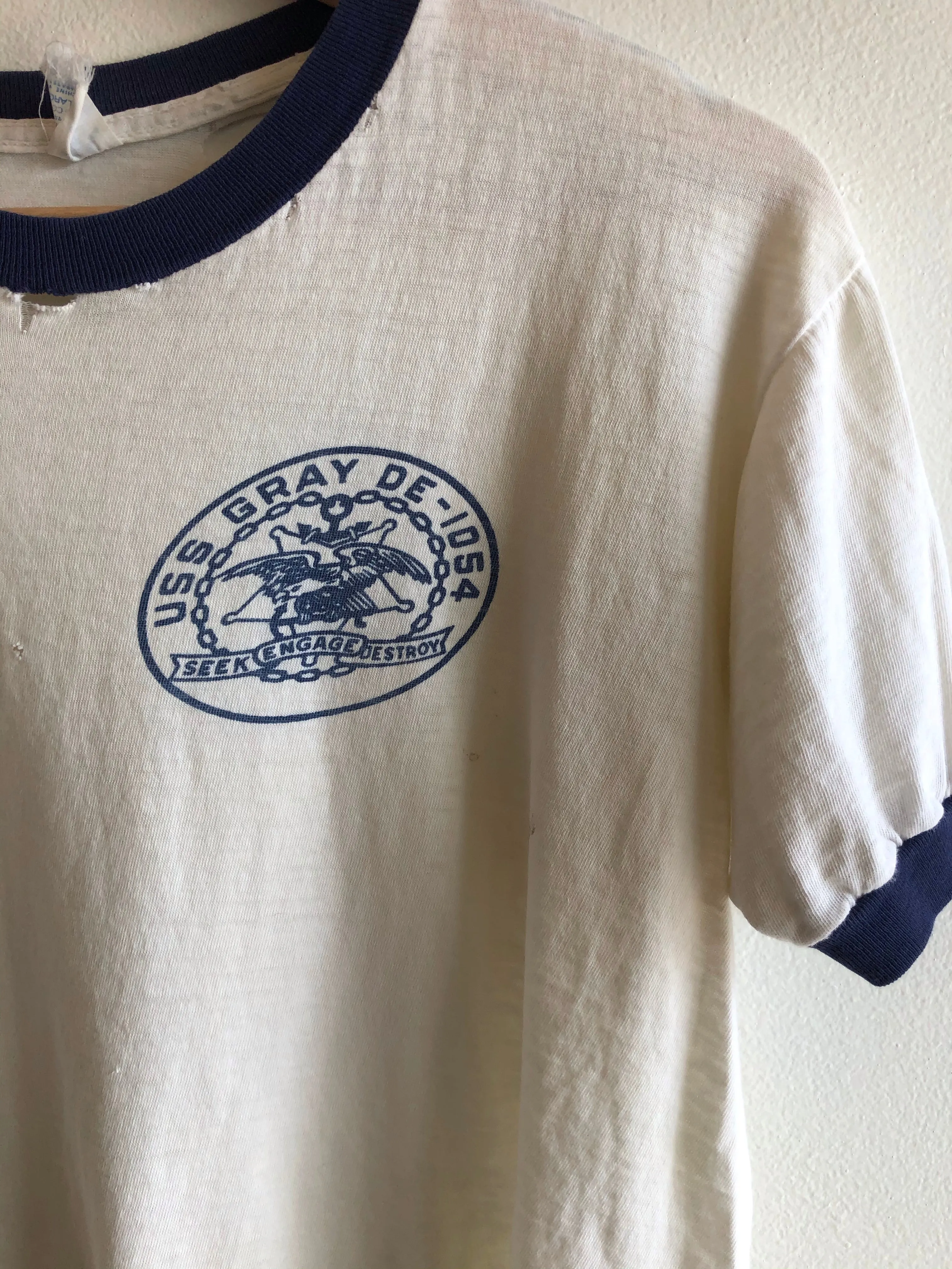 Vintage 1970s Seek Engage Destroy U.S. Navy Ringer T-Shirt